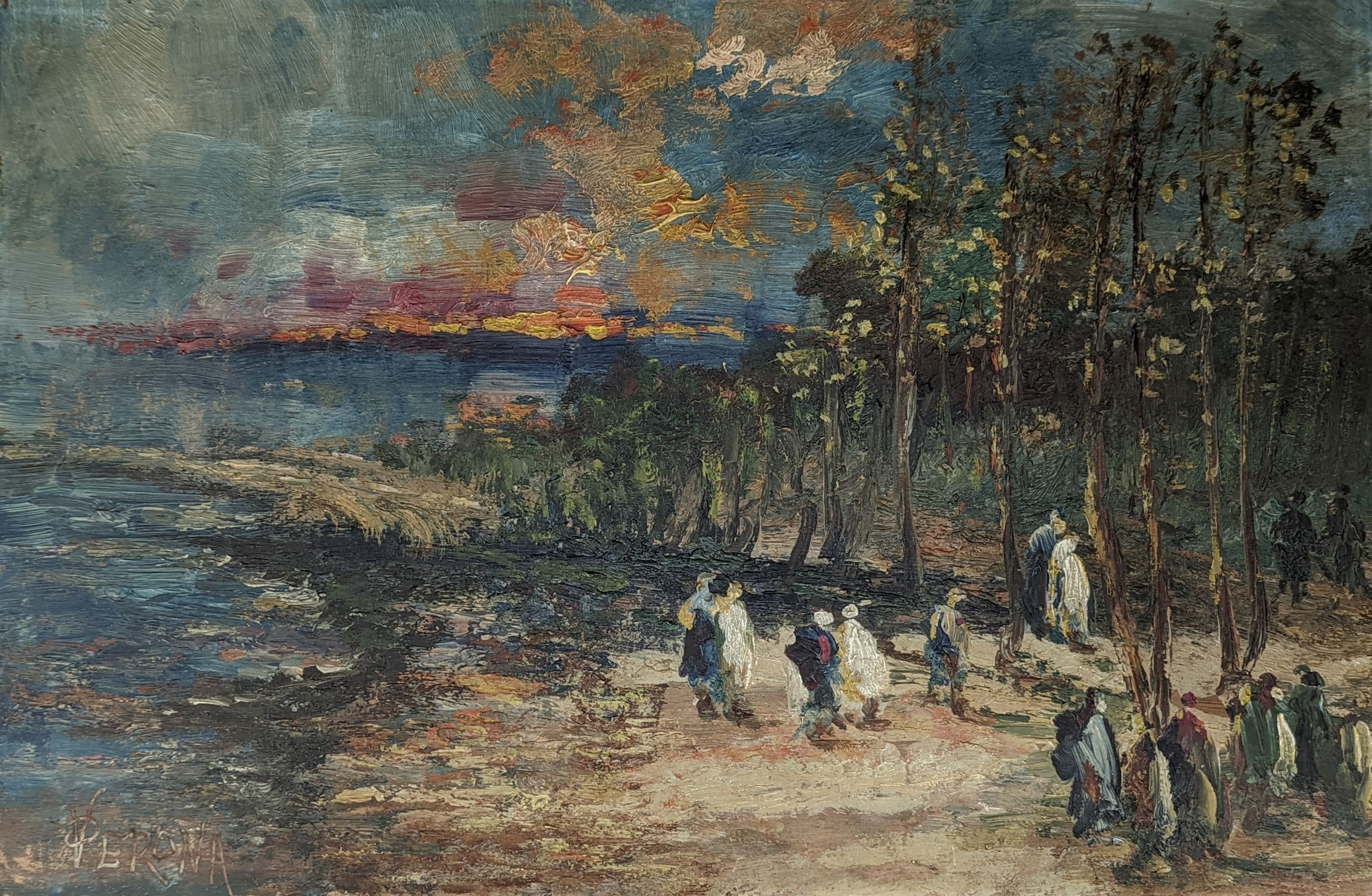 Paul Verona (1897-1966), oil on board, Figures on the shore at sunset, signed, 37 x 56cm, unframed